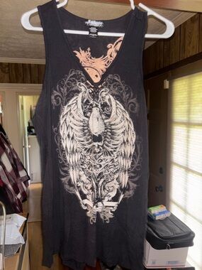 Black Graphic Tank Top with Winged Skull Design